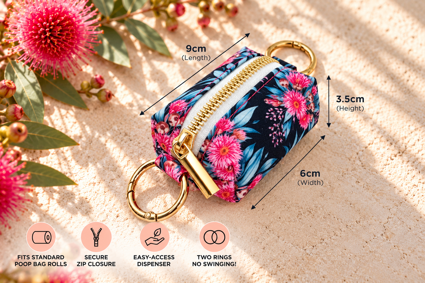 Navy Blue and Pink Native Gum Flower Dog Poop Bag Holder šø