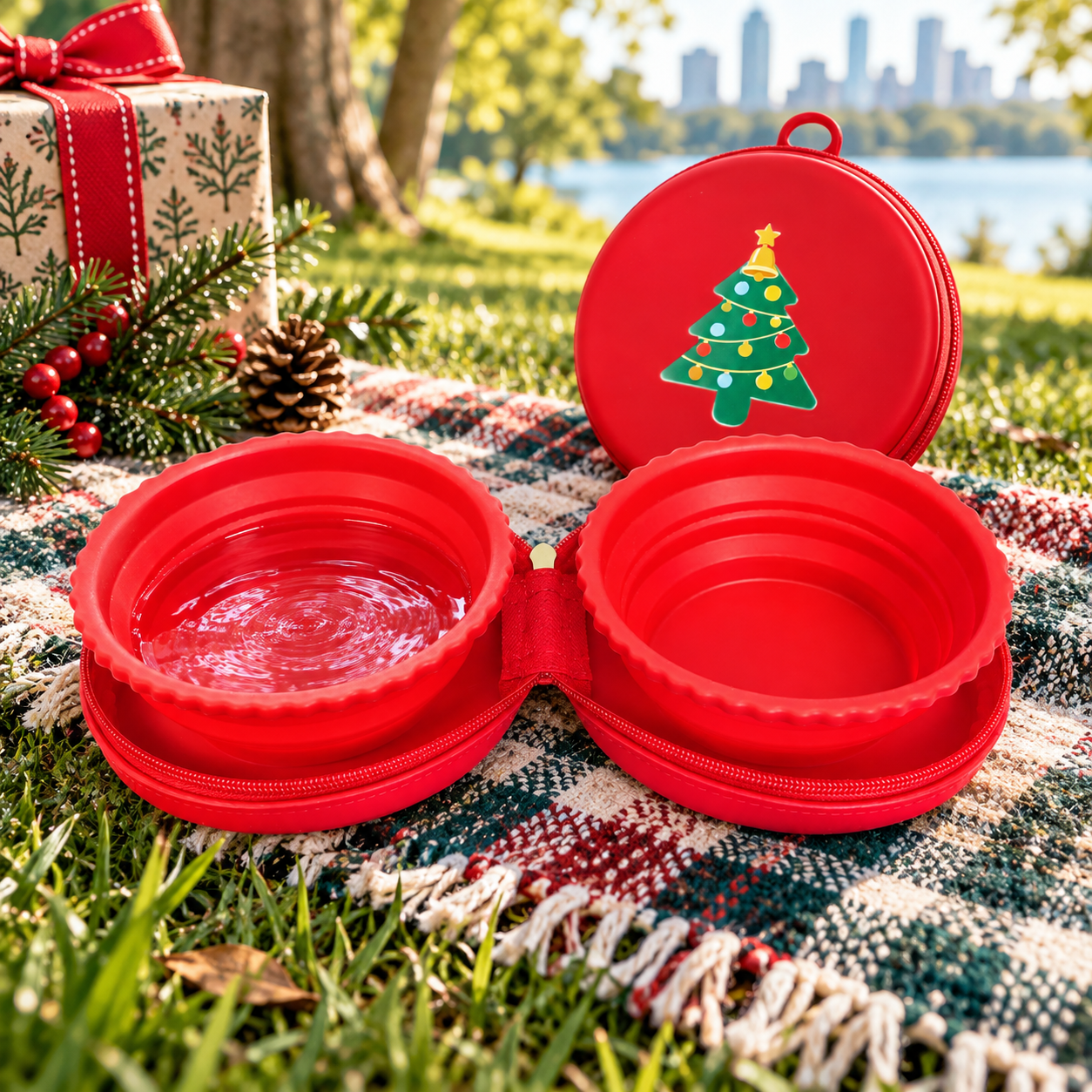 Christmas Dog Gift – Portable Double Dog Bowl & Travel Feeder