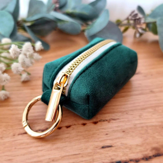 Forest green dog poop bag holder with gold hardware 