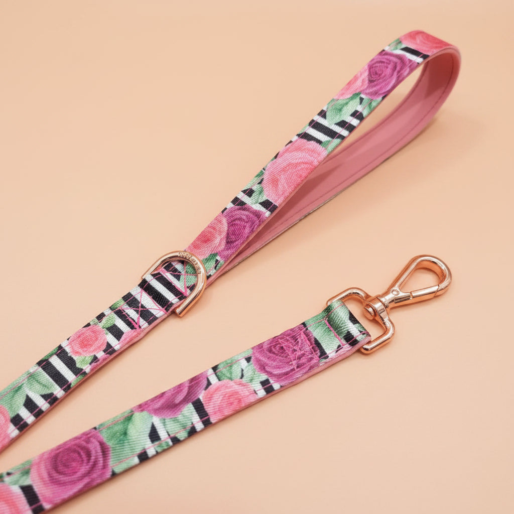Floral patterned dog leash with rose gold hardware