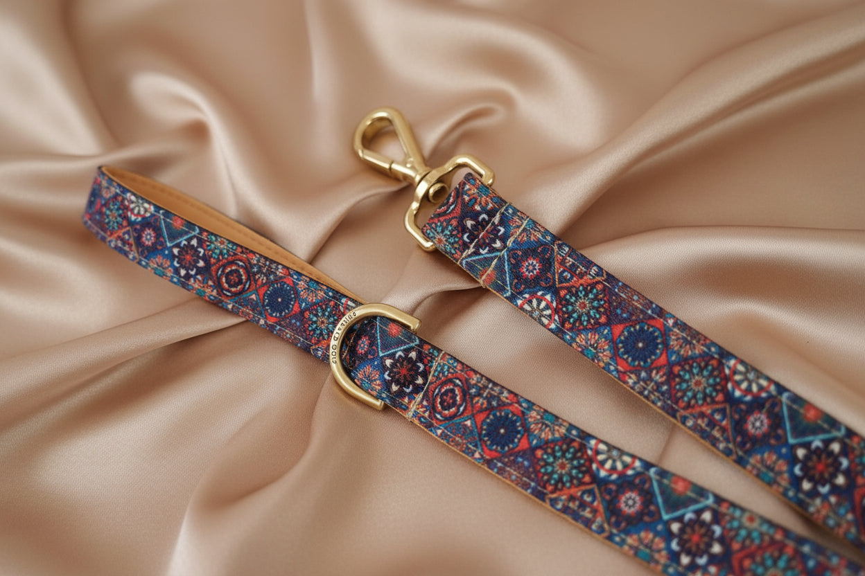 Patterned dog leash with gold clasp
