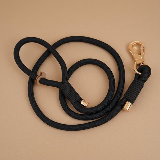 Black rope dog leash with gold hardware