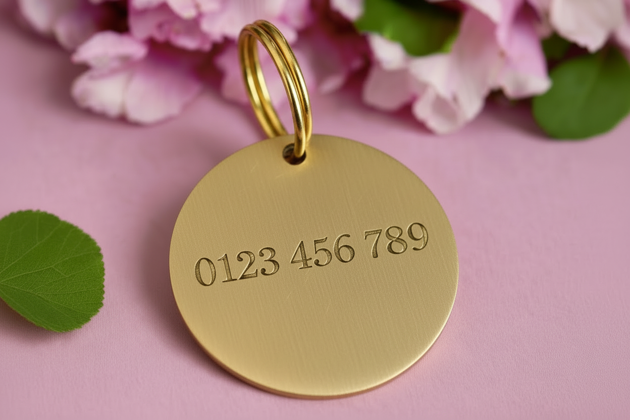 Gold dog tag with engraved identification number