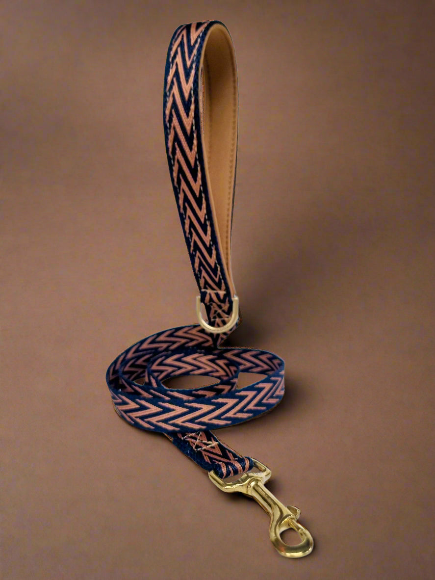 Tan and navy blue dog lead