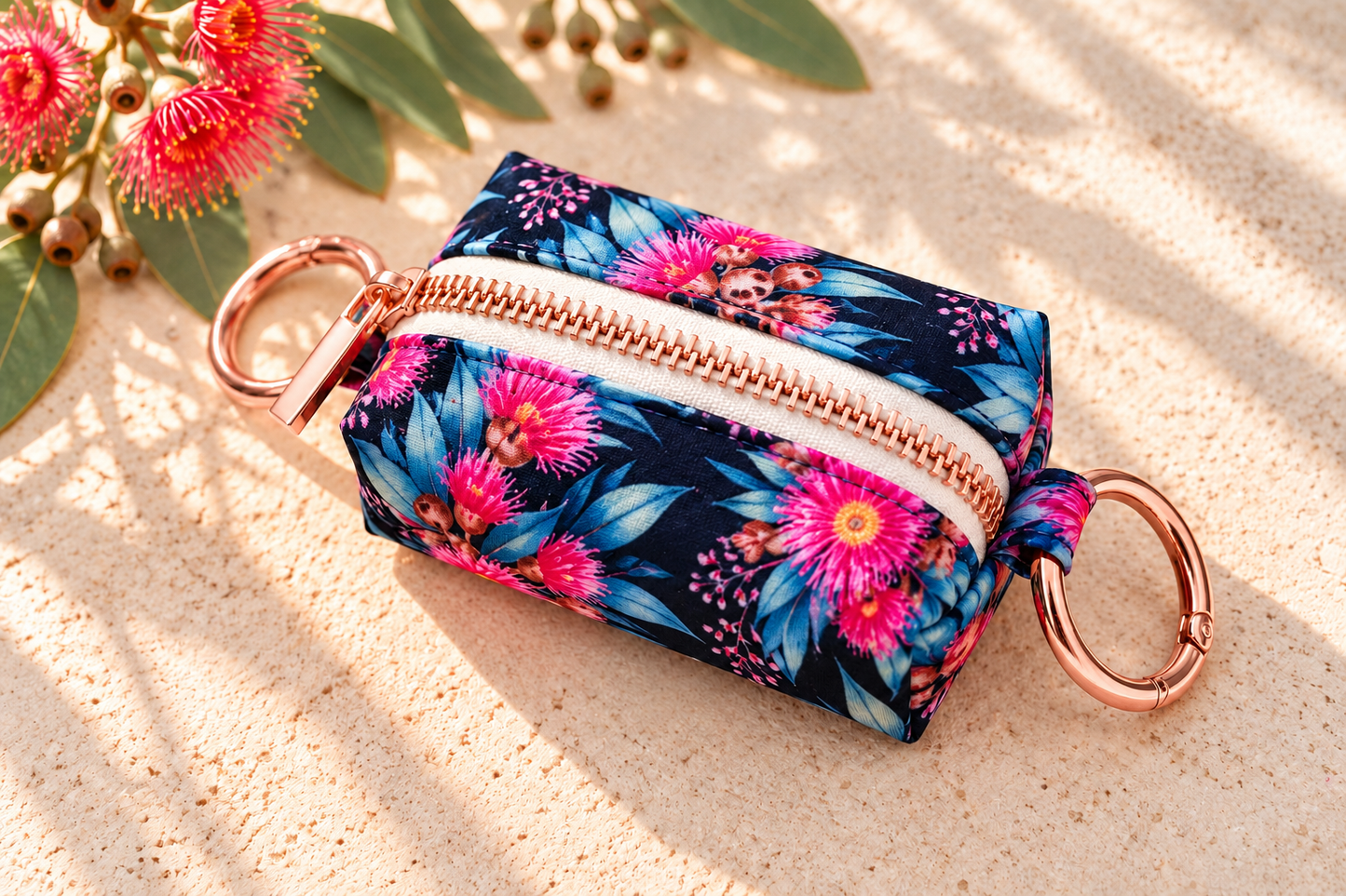 Navy Blue and Pink Native Gum Flower Dog Poop Bag Holder 🌸