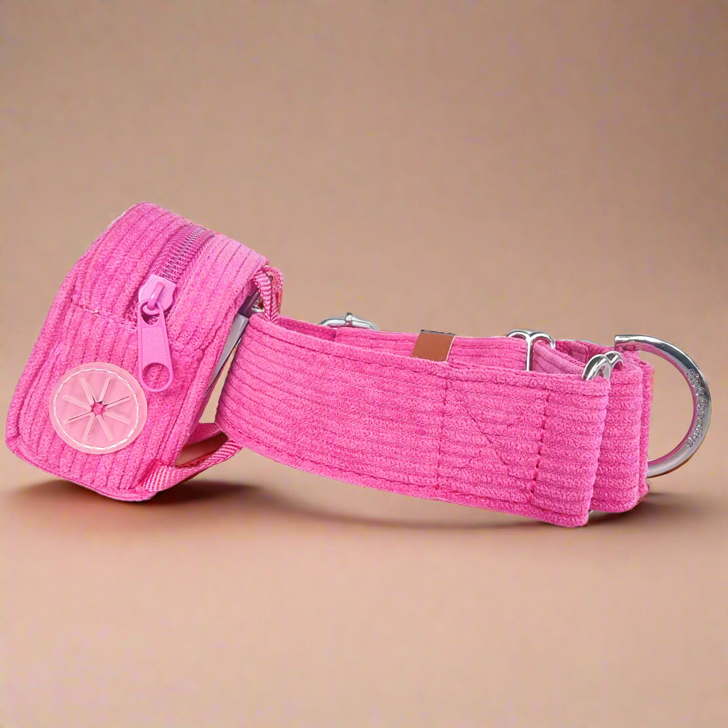 Pink dog collar with poop bag holder 