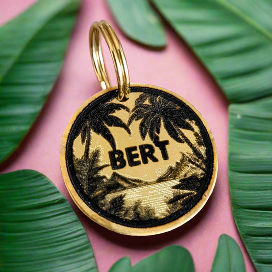 Brass Pet ID Tag deep engraved with tropical palm island and name