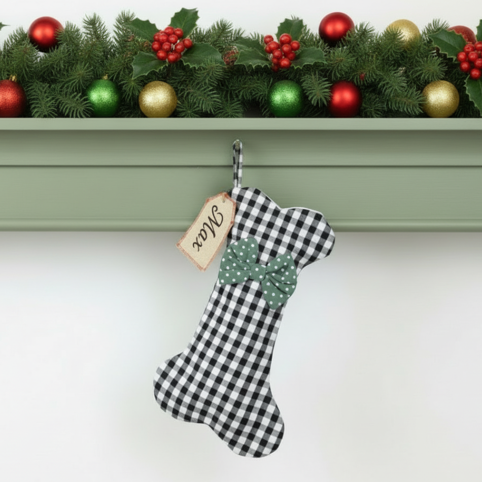 Black and white checkered dog Christmas stocking with a green bow and personalised tag, hanging below a festive garland with colorful ornaments on a white wall.