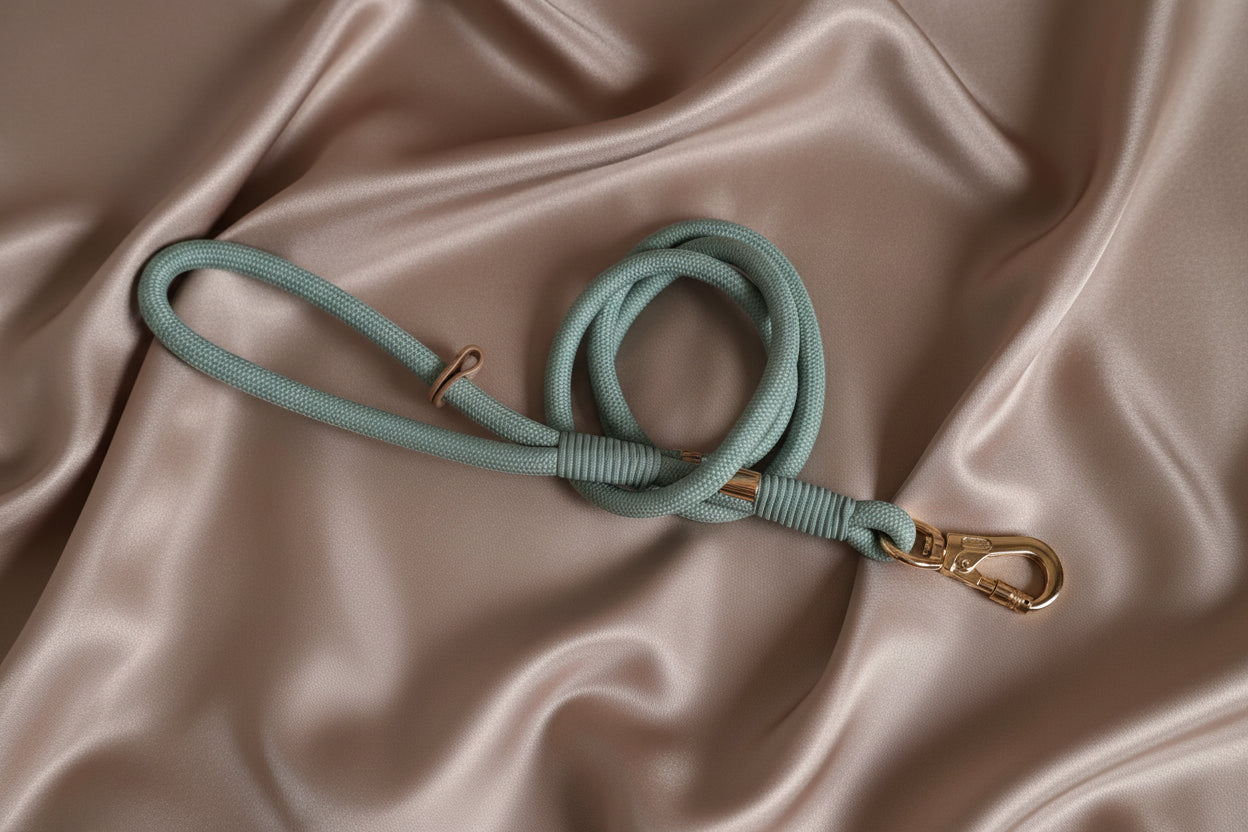 Light green rope dog leash with gold clasp