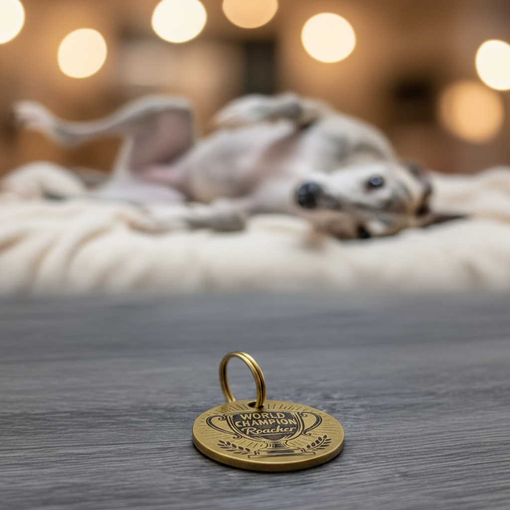 Gold dog tag on a wooden surface with a blurred background of a greyhound lying down.