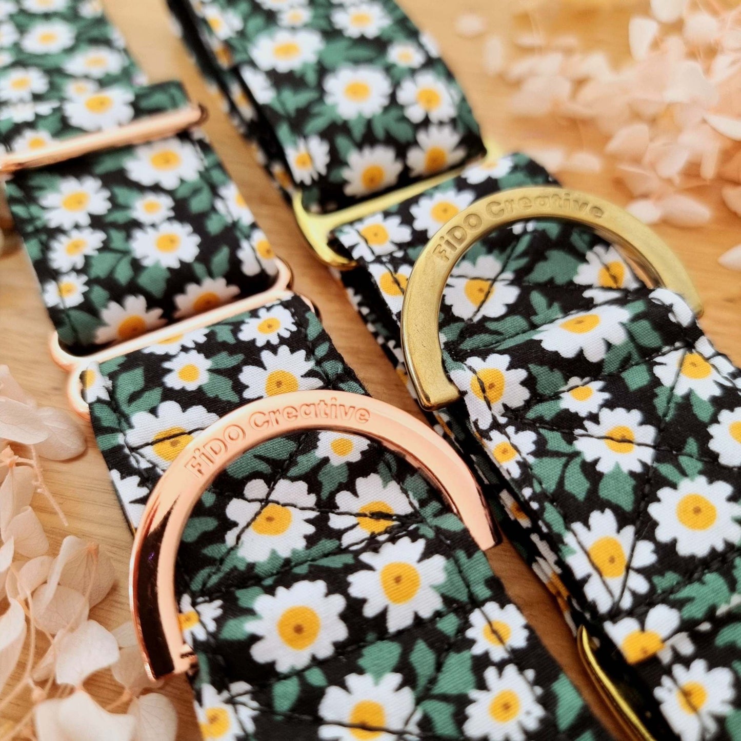 Green daisy martingale collar | Floral | Dog collar | Greyhound collar | Whippet collar | Solid brass | Rose gold | Collar | Girly | Black