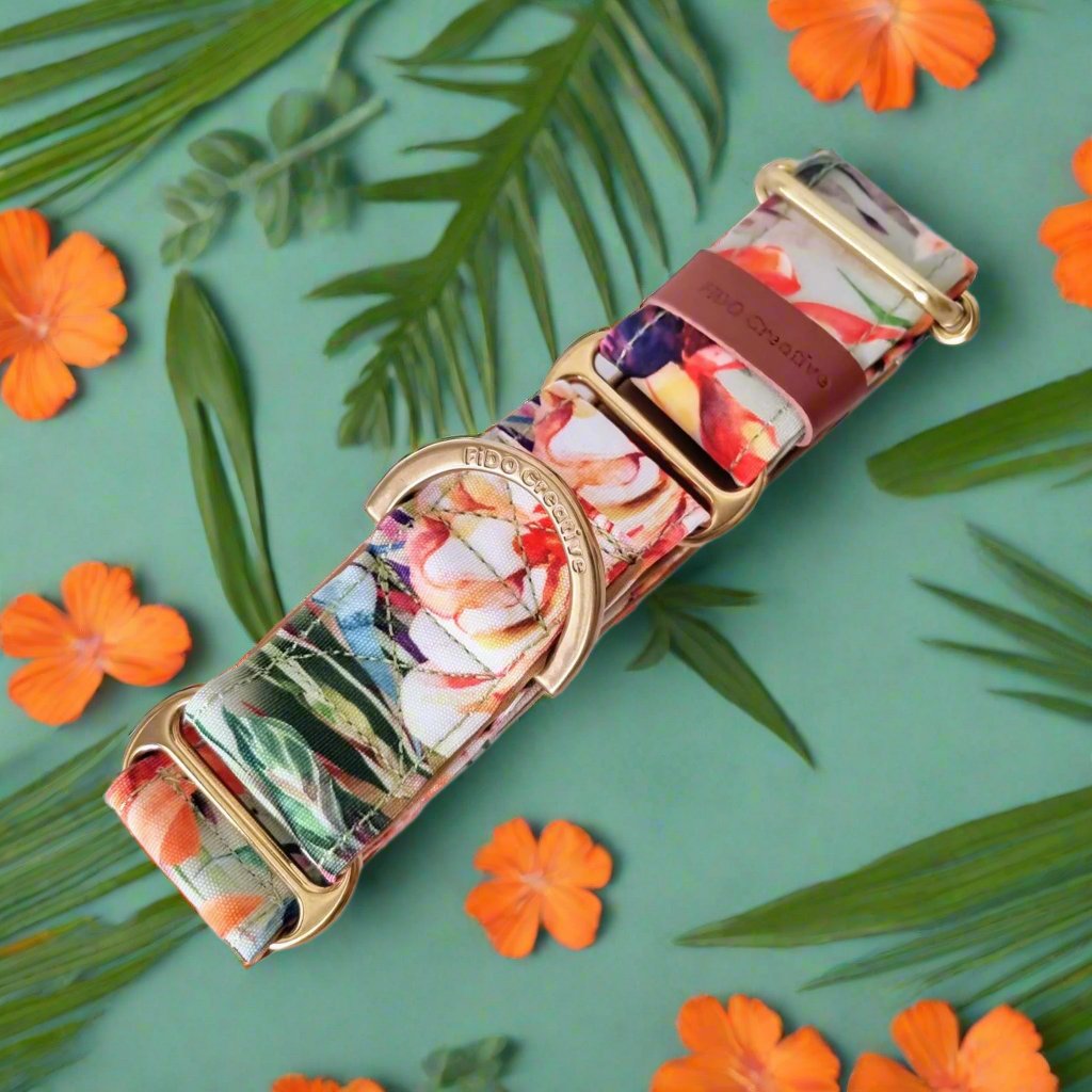 Hawaiian flower dog collar with gold