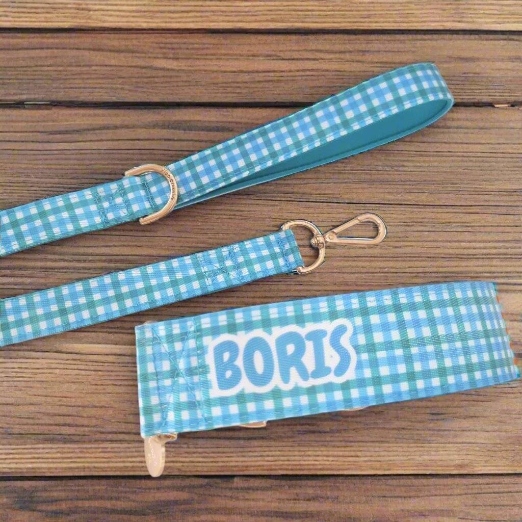 Personalised Martingale Collar - Blue & Green Gingham Neoprene Padded