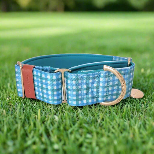 Personalised Martingale Collar - Blue & Green Gingham Neoprene Padded