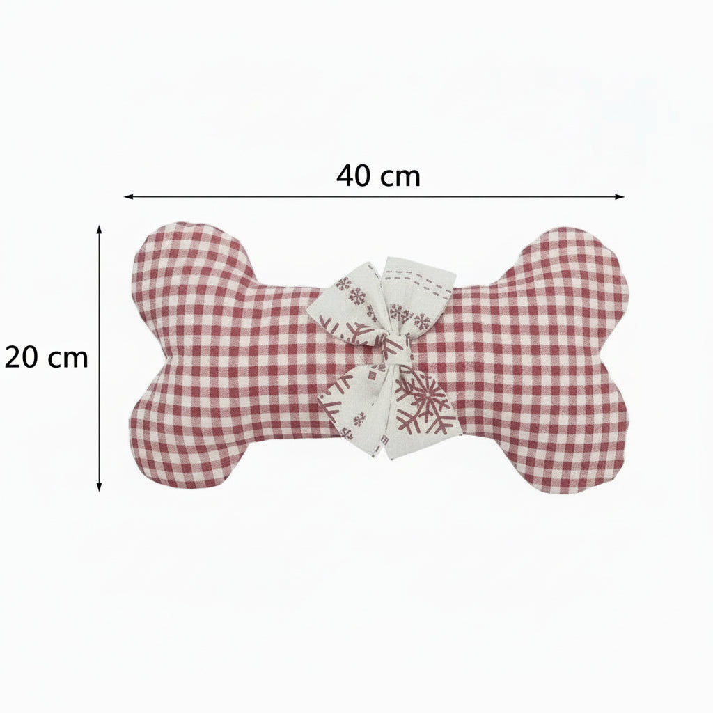 Red and white checkered bone-shaped chistmas stocking with a personalised tag,