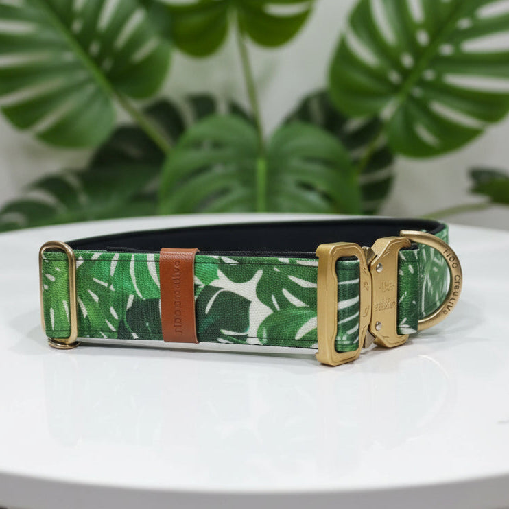 Monstera Leaf Dog Collar with Neoprene Padding & Tactical Buckle – Optional personalised Name