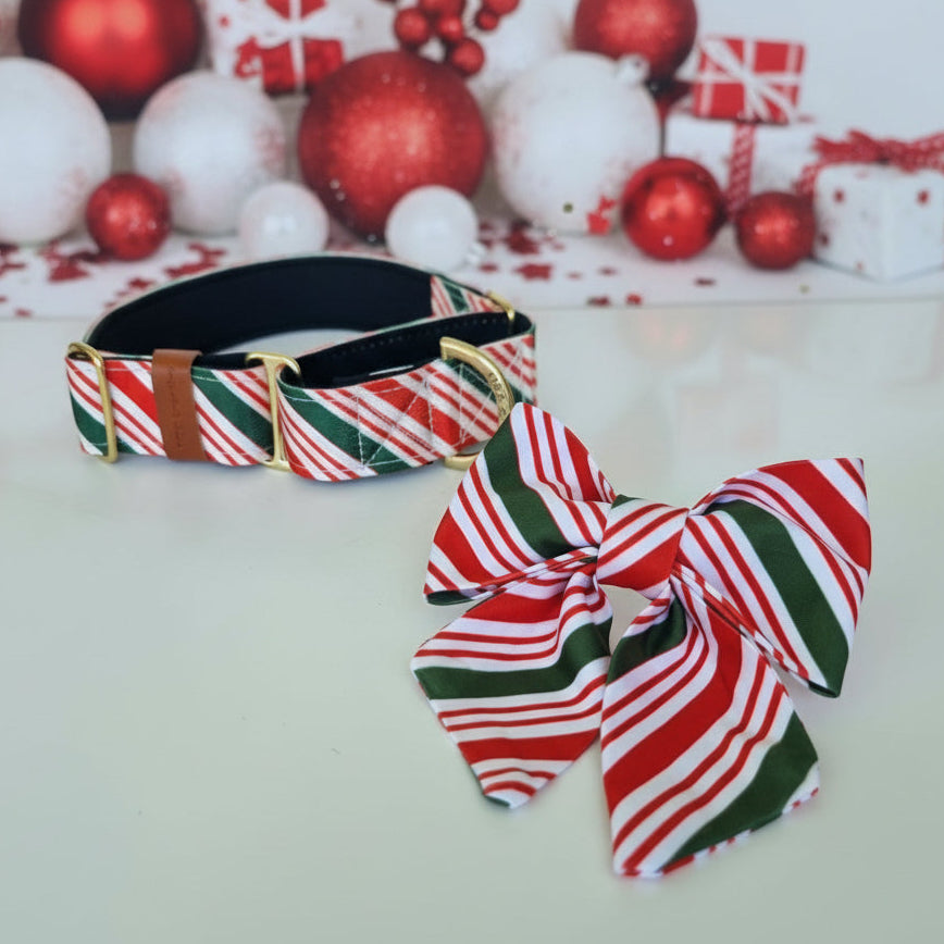 Christmas Dog Bow Tie with Candy Cane Stripes | Adjustable Velcro Straps