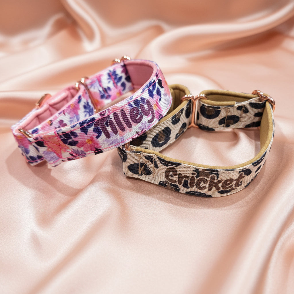 Leopard Print Martingale Dog Collar – Padded, personalised with Dog’s Name Optional