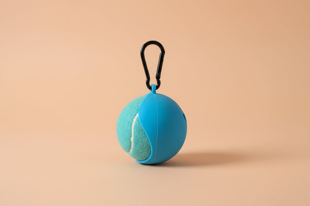 Light blue tennis ball and clip on holder
