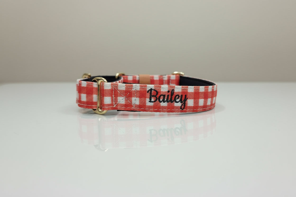 Red Gingham Dog Collar – Choose your buckle style