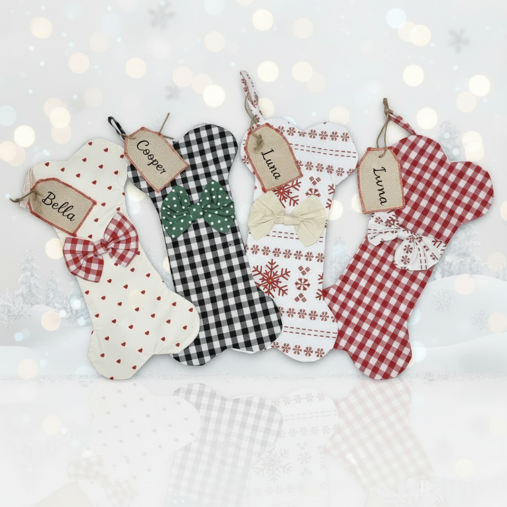 Set of decorative dog Christmas stockings with personalised names on tags 