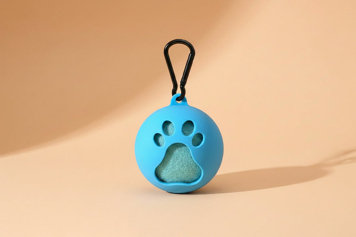 Light blue tennis ball and clip on holder