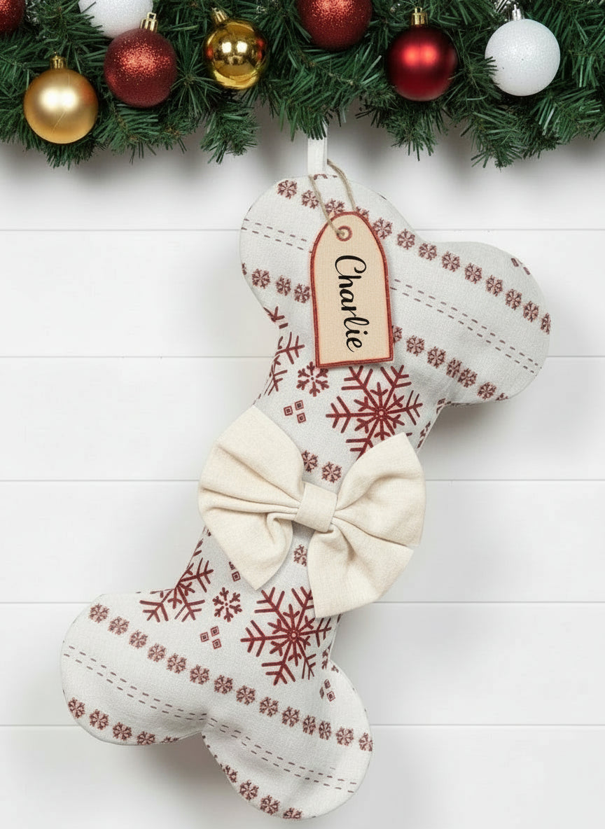 Dog Christmas stocking with red snowflake pattern and a cream bow, hanging against a Christmas-themed background with ornaments.