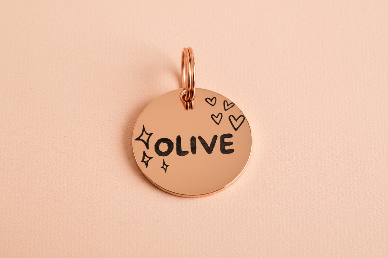 Rose Gold dog tag with 'OLIVE' engraved