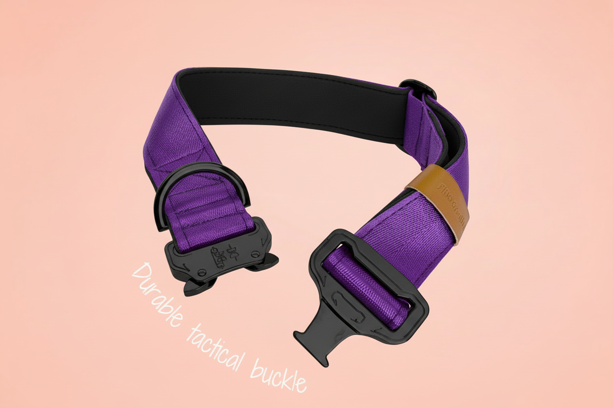 Purple tactical belt with black buckle on a pink background