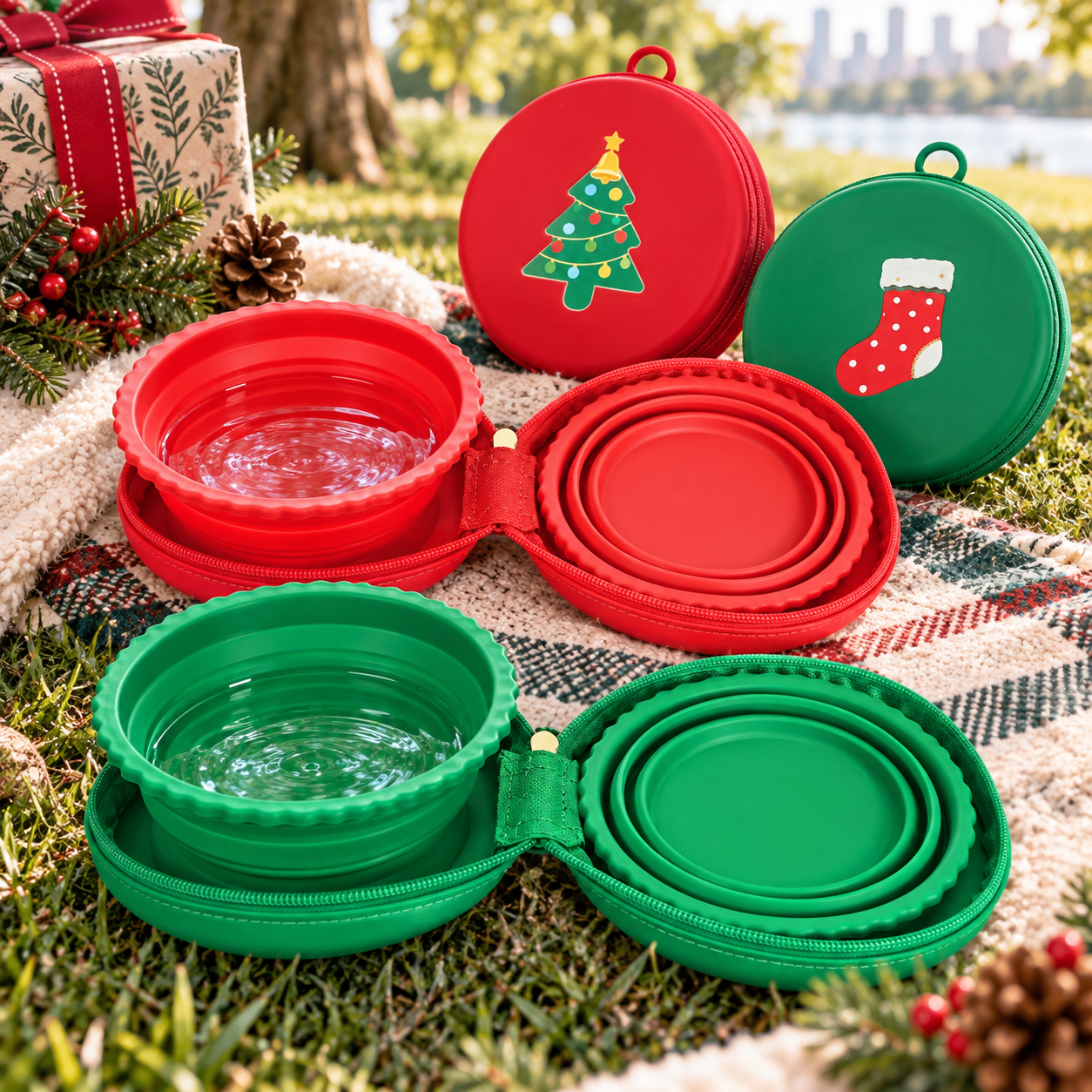 Christmas Dog Gift – Portable Double Dog Bowl & Travel Feeder